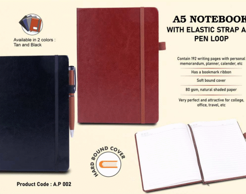 A5 Notebook with Elastic Strap and  Pen Loop