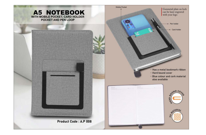 A5 Notebook with Mobile Pocket, Card Holder Pocket and Pen Loop