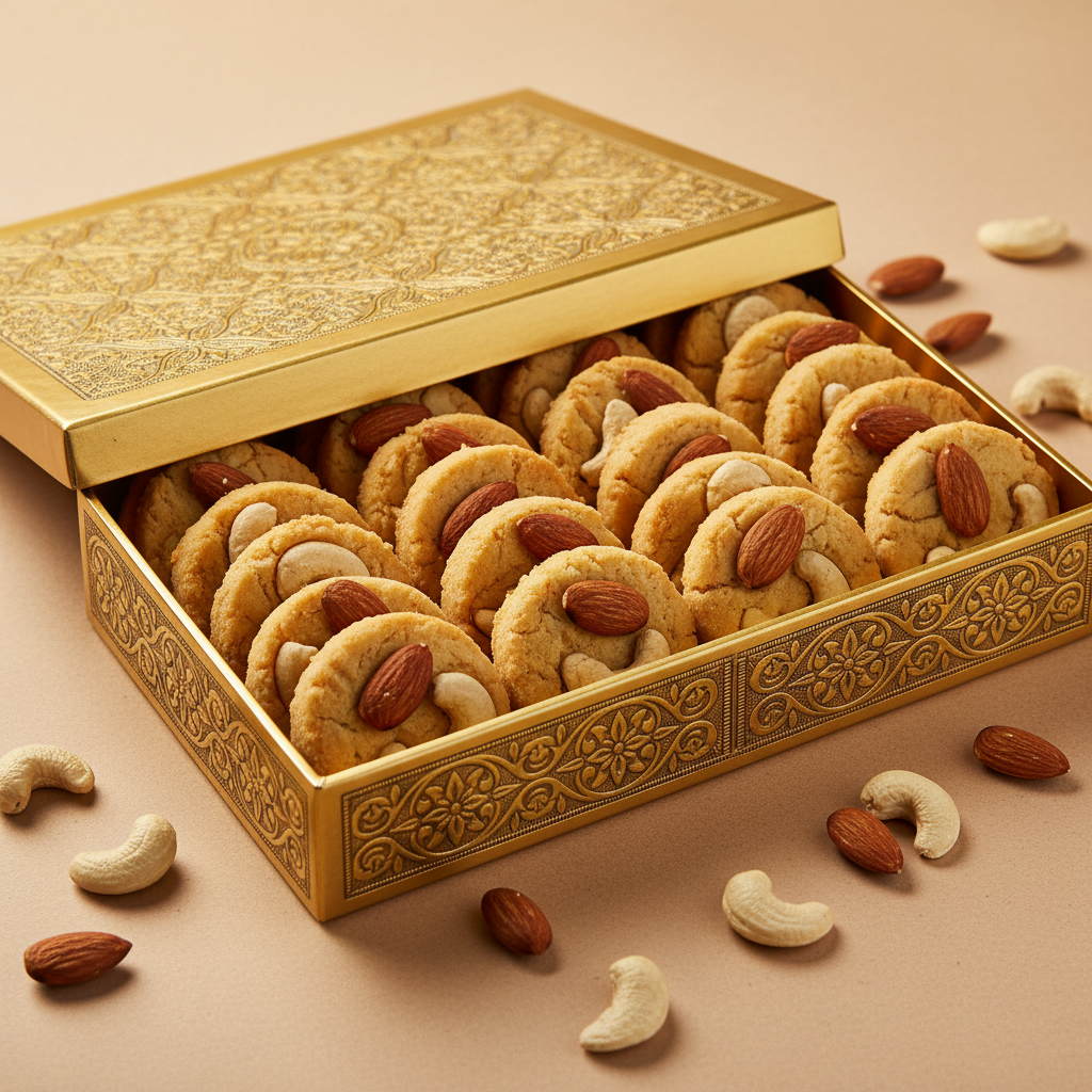 Luxury dry fruit hamper with premium almonds, cashews, and exotic nuts in elegant golden packaging