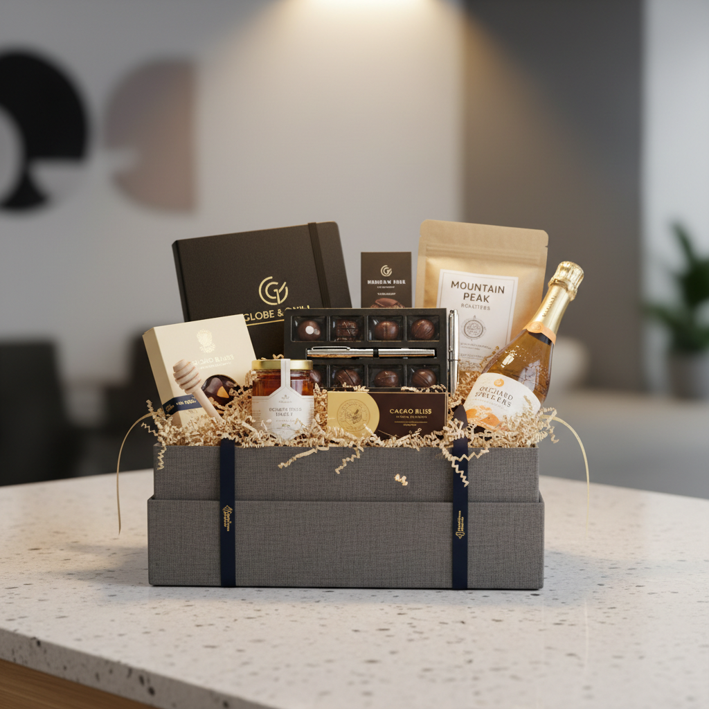 Custom corporate gift box with branded packaging, personalized greeting card, and assorted premium items